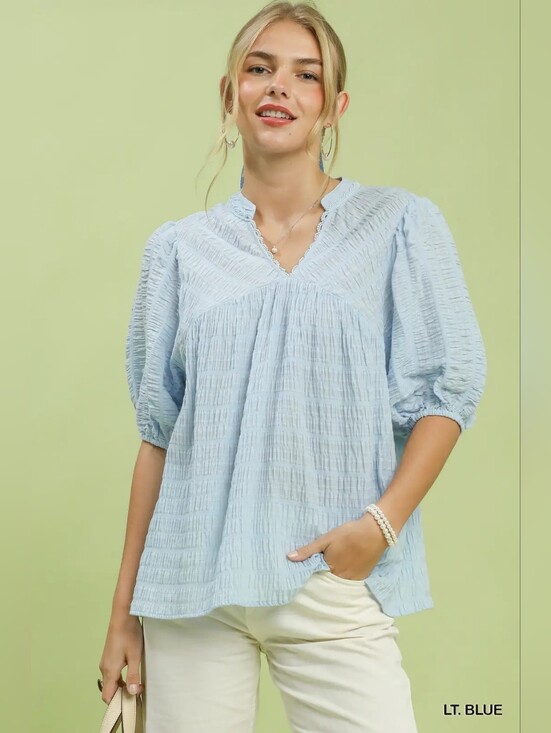Umgee Tops - Umgee Light Blue Textured V-Neck Puff Sleeve Top - Women